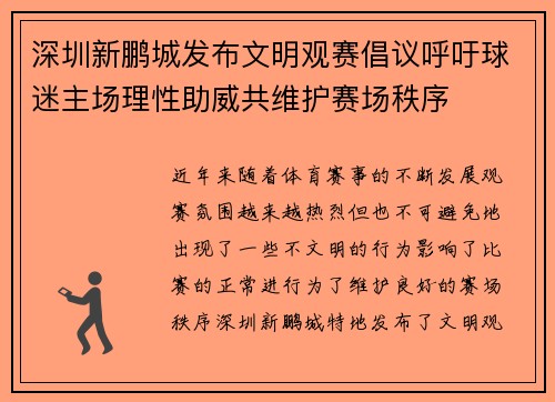 深圳新鹏城发布文明观赛倡议呼吁球迷主场理性助威共维护赛场秩序